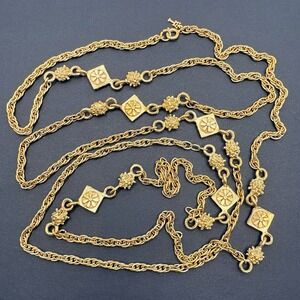 VTG Trifari Necklace Long Station Necklace Rope Chain Floral Squares Gold Tone